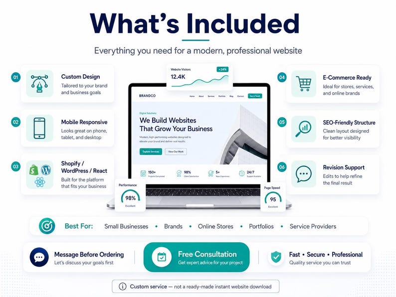 May include: An infographic titled What's Included displaying a laptop screen with a website design. It lists six features: Custom Design, Mobile Responsive, Shopify/WordPress/React, E-Commerce Ready, SEO-Friendly Structure, and Revision Support.