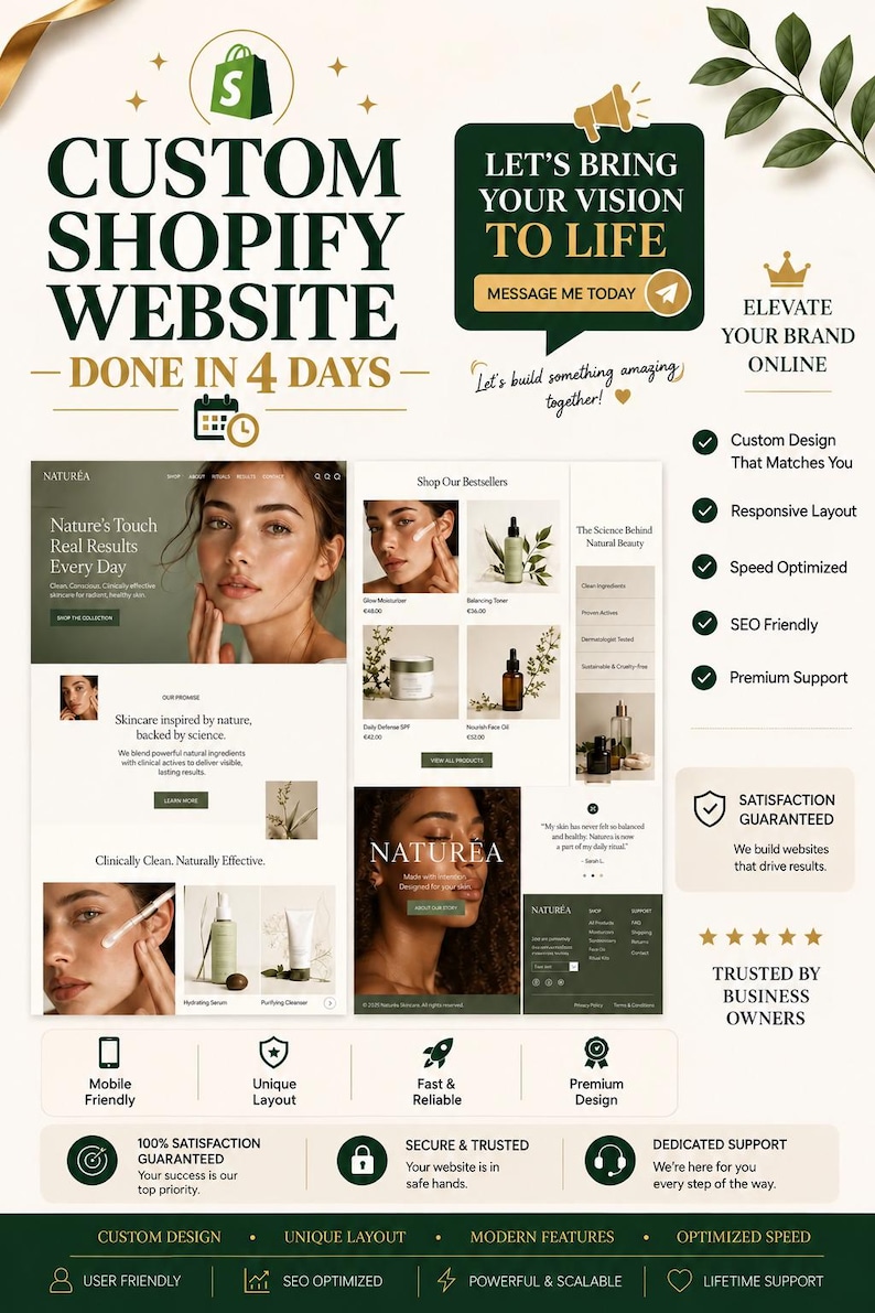May include: A promotional graphic for custom Shopify website design services. The layout features text including Custom Shopify Website, Done in 4 Days, and Let's Bring Your Vision to Life, alongside screenshots of a skincare brand website.