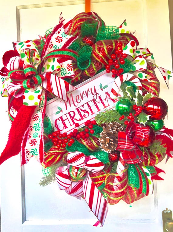 Candy Cane Christmas Wreath for Front Door | Peppermint Swirl Deco Mesh | Red & Green Holiday Door Decor | "Merry Christmas" Sign