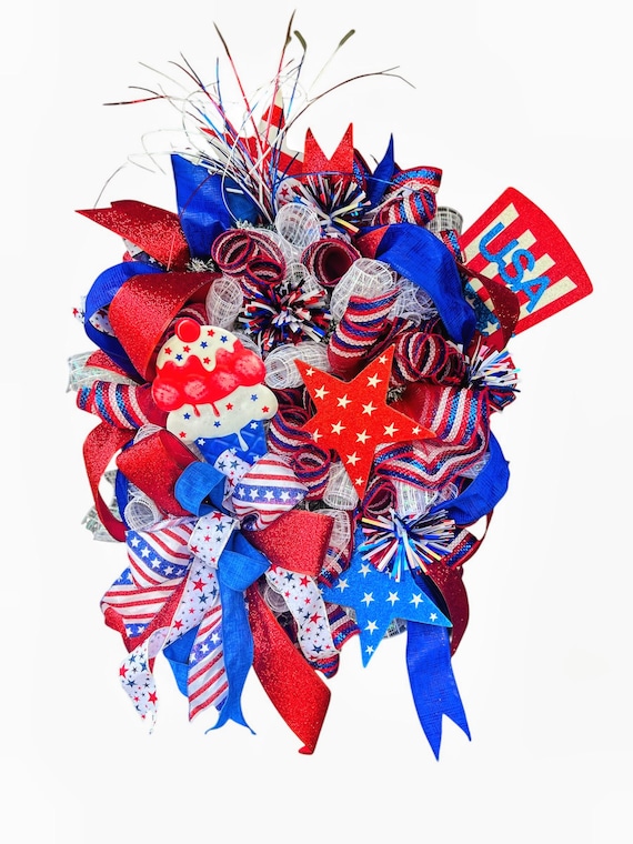 4th of July Wreath, Ice Cream Wreath, Patriotic Door Decor, USA Wreath, Independence Day Wreath Summer Porch Decor, Red White Blue Wreath