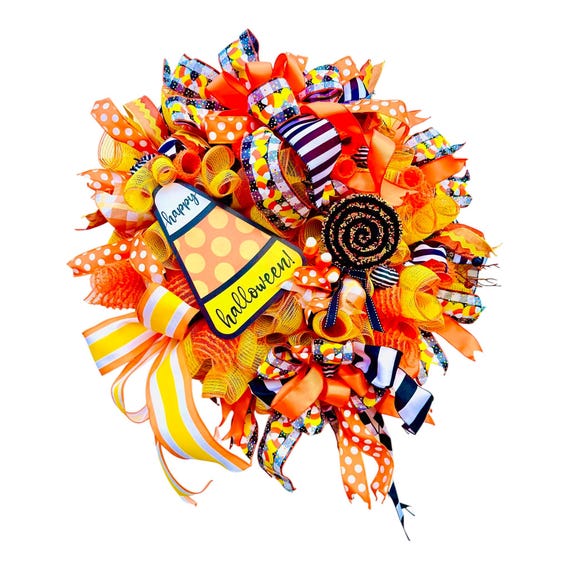 Halloween Wreath,Sweet Halloween Candy Corn Wreath,Festive Deco Mesh Door Hanger for Trick or Treat, Cheerful Orange and Yellow Autumn Decor