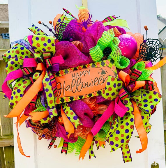 Colorful Halloween Wreath for Front Door, Funky Happy Halloween Deco Mesh Wreath, Whimsical Decor with Lime Green, Pink, and Orange