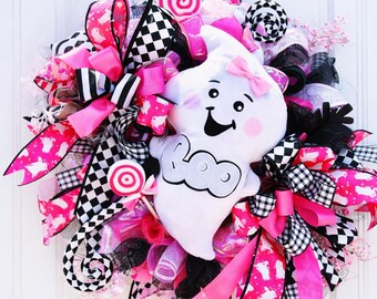 Pink Ghost Halloween Wreath