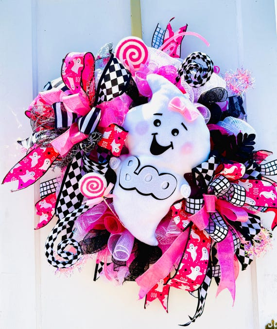 Whimsical Pink Ghost Wreath for Front Door, Cute Girly Halloween Decor, "Boo" Wreath with Harlequin Ribbon, Glam Spooky Door Hanger