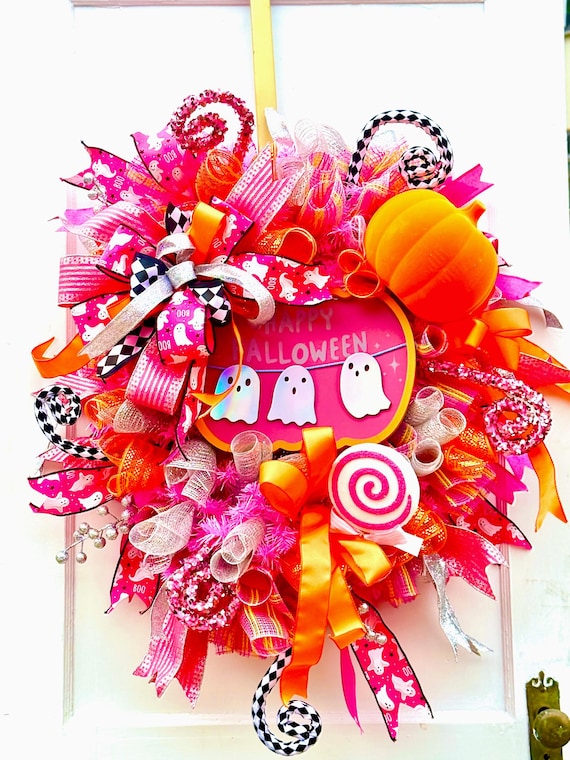 Pink Ghost Halloween Wreath: Glitter Lollipop, Harlequin Ribbon Bling Wreath, Cute Pink Wreath, Ghost Wreath, Fall Decor, Halloween Decor