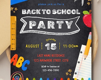 Invitación para fiesta de regreso a clases / Invitación para celebración de regreso a clases / Fin del verano, pizarra / Plantilla digital de Canva (editable)