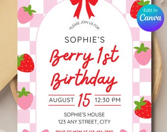 Invitación para primer cumpleaños de niña fresa, editable, plantilla digital