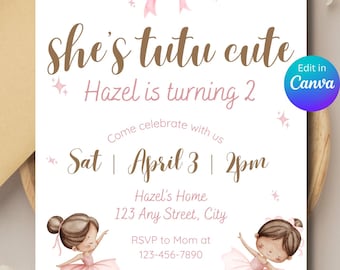 Invitación editable para segundo cumpleaños de She's Tutu / Invitación para fiesta temática de segunda bailarina para niñas / Plantilla digital Canva