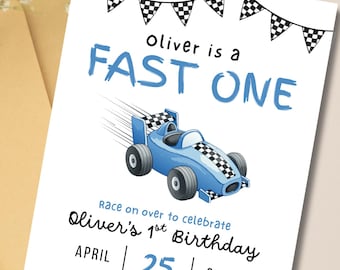 Invitación de cumpleaños "Primer cumpleaños" editable / Invitación para fiesta temática de autos de carreras / Plantilla digital de Canva