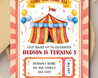 Invitación de cumpleaños con temática de circo / Invitación para fiesta temática de carnaval / Plantilla digital de Canva (editable)