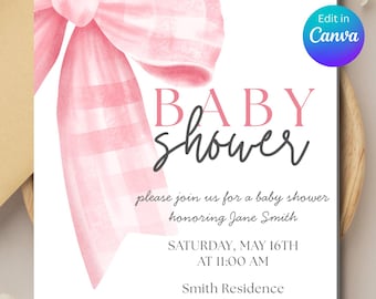 Baby Shower Invitation Pink Bow | Editable Girl Baby Shower Invite | Digital Canva Template