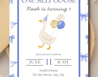 Invitación de cumpleaños de One Silly Goose / Invitación para la fiesta del primer cumpleaños de un niño / Plantilla digital de Canva (editable)
