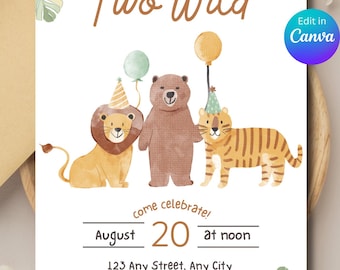 Invitación de cumpleaños editable para dos animales salvajes / Invitación para fiesta de segundo cumpleaños con animales / Plantilla digital de Canva