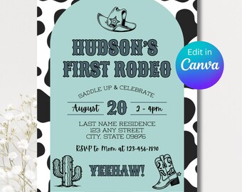 Invitación editable para primer cumpleaños de rodeo de niño, plantilla digital para fiesta de vaqueros del salvaje oeste para bebés y niños pequeños
