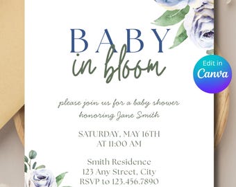 Baby in Bloom Invitation Editable | Boy Baby Shower Invite | Digital Canva Template