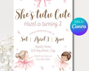 Invitación editable para segundo cumpleaños con tutú / Fiesta temática de segunda bailarina para niñas / Plantilla digital Canva