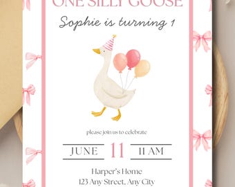 Invitación de cumpleaños de One Silly Goose / Invitación para la primera fiesta de cumpleaños de niña / Plantilla digital de Canva (editable)