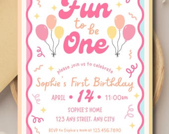 Invitación de cumpleaños "Diversión al cumplir un año" / Invitación para la primera fiesta de cumpleaños de niña / Plantilla digital de Canva (editable)
