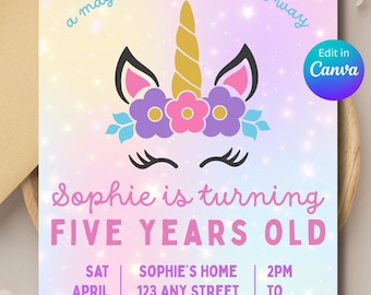 Unicorn Birthday Party Invitation | Editable Girls Magical Rainbow Sparkle Invite | Digital Canva Template