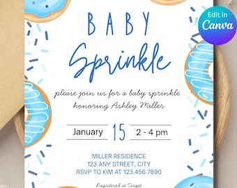 Invitación con chispas para bebé / Invitación con temática de donut para baby shower de niño / Plantilla digital Canva
