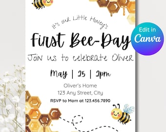 Invitación editable para el primer cumpleaños de la abeja / Fiesta de primer cumpleaños de bebé niño niña con temática de abejas / Invitación con plantilla digital de Canva