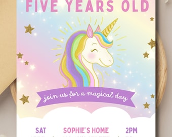 Invitación de cumpleaños de unicornio / Invitación para fiesta mágica de arcoíris dorada / Plantilla digital de Canva (editable)