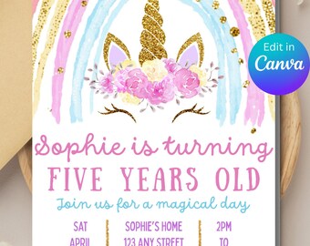 Invitación de cumpleaños de unicornio / Invitación editable con brillo arcoíris mágico para niñas / Plantilla digital Canva