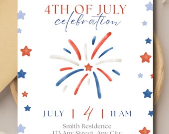 Invitación para fiesta del 4 de julio / Día de la Independencia, celebración, barbacoa, fuegos artificiales y estrellas en acuarela, invitación / plantilla digital de Canva