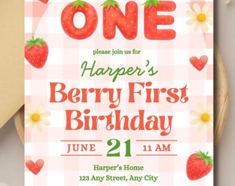Invitación de primer cumpleaños con temática de fresas / Invitación para fiesta temática de fresas / Plantilla digital de Canva (editable)