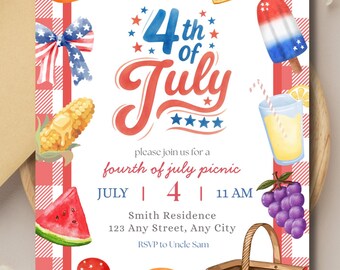 Invitación a picnic/barbacoa del 4 de julio / Invitación a fiesta del Día de la Independencia, acuarela / Plantilla digital de Canva (editable)