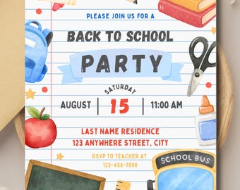 Invitación para fiesta de regreso a clases / Invitación para celebración de regreso a clases / Fin del verano, acuarela / Plantilla digital de Canva (editable)