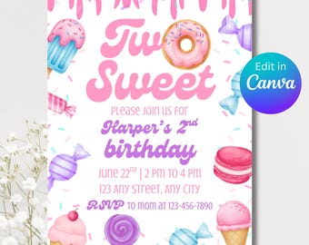 Two Sweet – Invitación de cumpleaños, plantilla digital para fiesta de helado y donuts