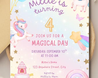Invitación de cumpleaños de unicornio / Invitación mágica de arcoíris brillante para niñas / Plantilla digital de Canva (editable)