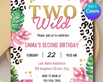Two Wild Birthday Invitation Editable | Girls Jungle Safari Pink Cheetah Party | Digital Canva Template Invite