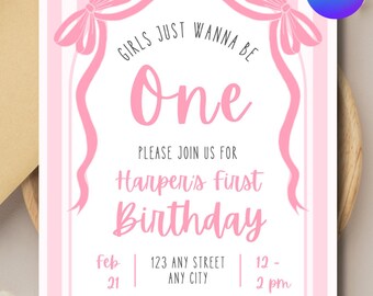 Girls Just Wanna Be One Birthday Invitation | Baby Girl First Birthday Party Invite | Editable Digital Canva Template