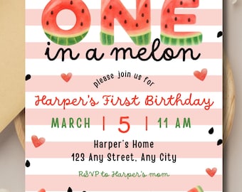 Invitación "One in a Melon" / Invitación de primer cumpleaños con temática de sandía / Plantilla digital de Canva (editable)