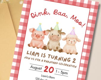 Invitación de cumpleaños de animales de granja / Plantilla editable para segundo cumpleaños (descarga digital)