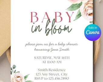 Baby in Bloom Invitation Editable | Girl Baby Shower Invite | Digital Canva Template