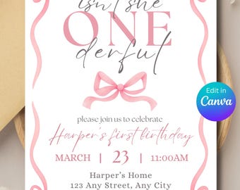 Invitación de primer cumpleaños "¿No es maravillosa?" / Una niña, ¿no es preciosa? Lazos / Plantilla digital de Canva para invitación de fiesta