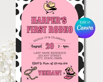 Invitación editable para fiesta de cumpleaños de rodeo de niña, plantilla digital de cumpleaños para bebé y niño pequeño.