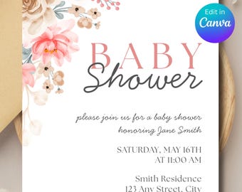 Baby Shower Floral Invitation | Flower Theme Baby Shower Invite | Digital Canva Template