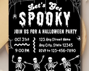 Halloween Party Invitation | Skeleton Let's Get Spooky Invite | Digital Canva Template (Editable)