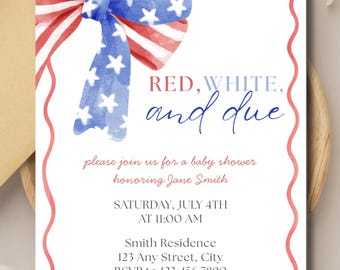 Invitación para baby shower "Red White and Due" / Invitación con temática del 4 de julio en acuarela / Plantilla digital de Canva (editable)