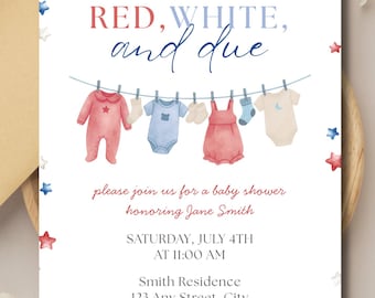 Invitación para baby shower con temática del 4 de julio, acuarela, estrellas, plantilla digital de Canva (editable)