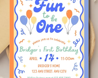 Invitación de cumpleaños "Diversión al cumplir un año" / Invitación para la primera fiesta de cumpleaños de un niño / Plantilla digital de Canva (editable)