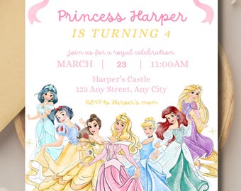 Princess Birthday Invitation | Editable Princess Theme Party Invite | Watercolor Bow Pastel | Digital Canva Template