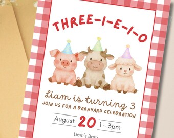Invitación de cumpleaños editable para el tercer cumpleaños con temática de animales de granja / Plantilla digital de Canva