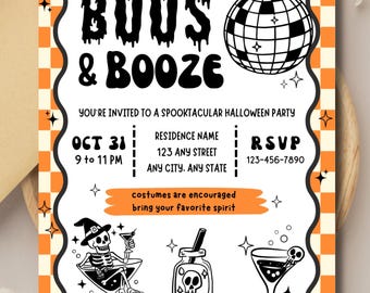 Halloween Party Invitation | Boos and Booze Editable Invite | Digital Canva Template