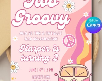 Invitación para dos cumpleaños geniales / Invitación para segundo cumpleaños con temática hippie retro / Plantilla digital Canva