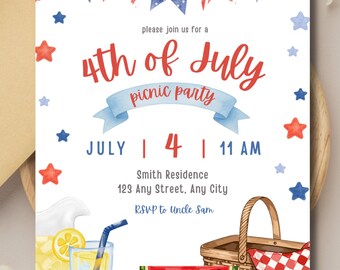 Invitación a picnic y barbacoa del 4 de julio / Invitación a fiesta del Día de la Independencia del 4 de julio / Plantilla digital de Canva (editable)
